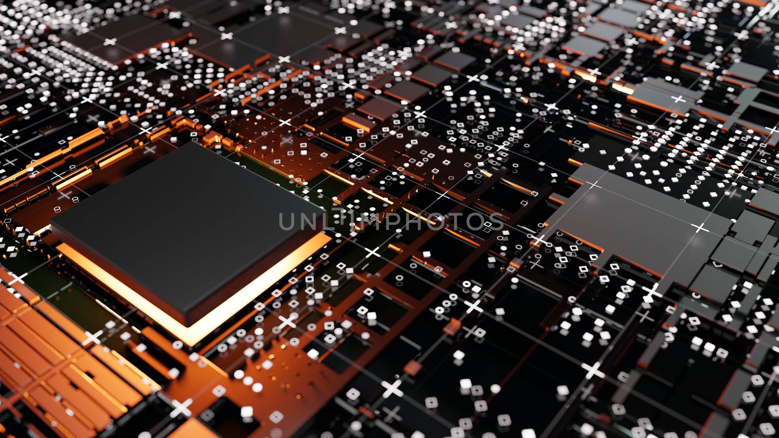 Abstract Central Computer Processors Concept. 3D illustration. Conceptual CPU on circuit board - PCB