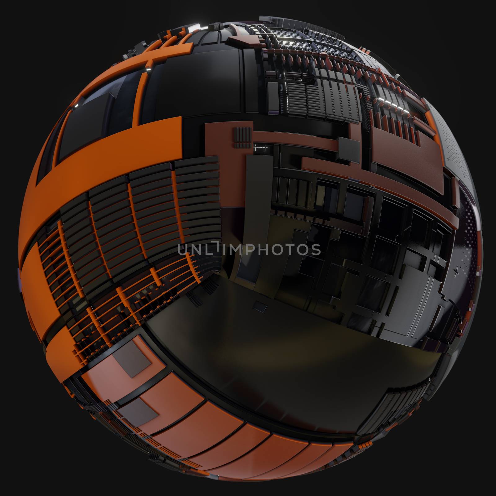 Abstract Hardsurface Sci-Fi Technology Sphere. Space Station Or Spaceship. 3D renderingor 3D illustration. Isolate on Drak background