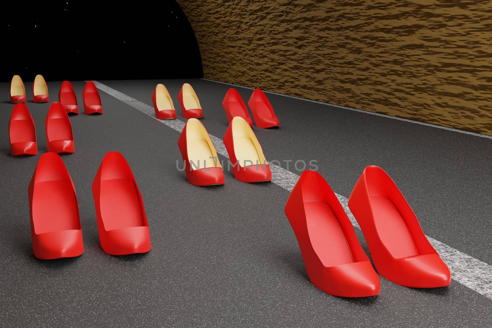 red shoes, high, used as a simbol against violence on women