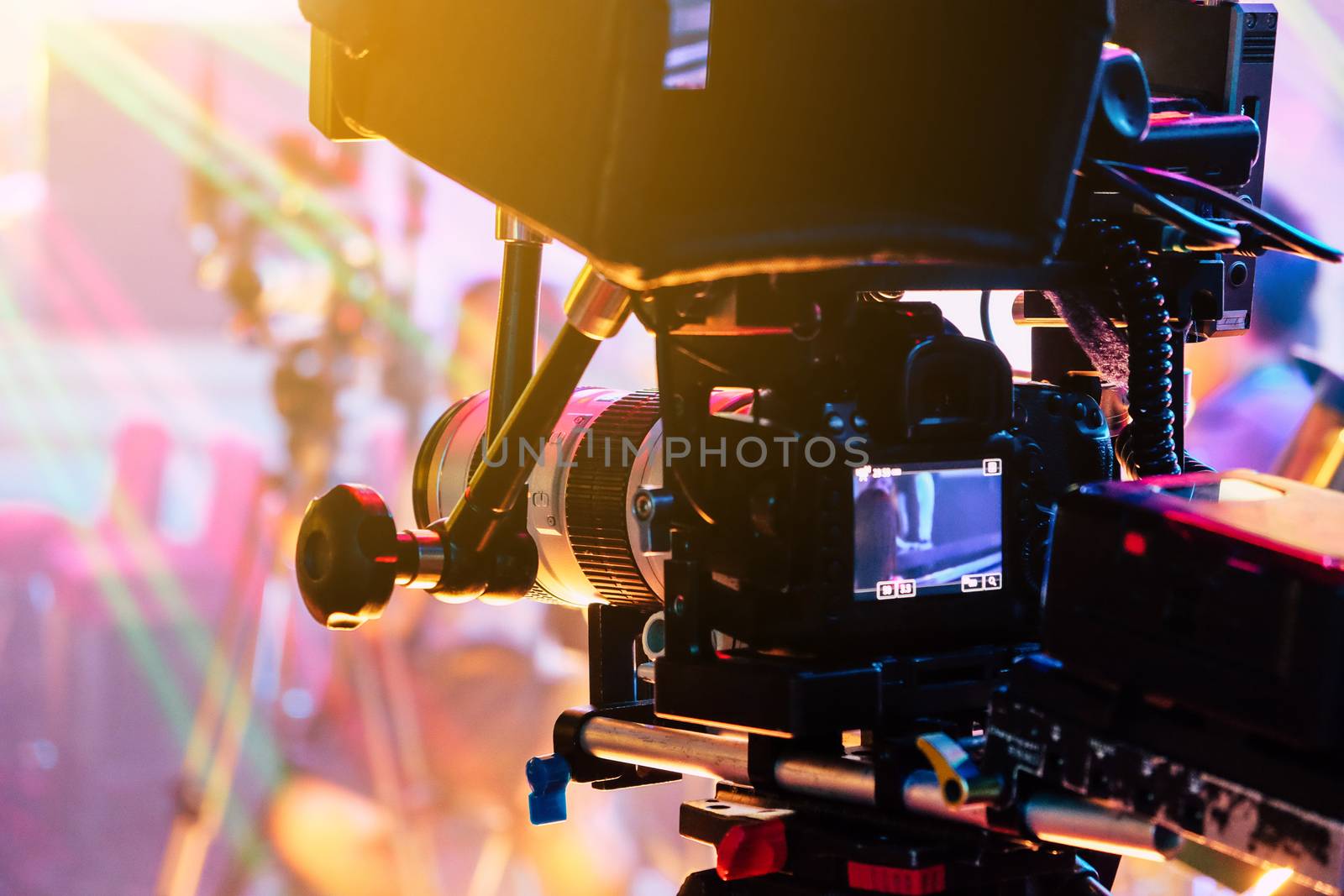 Film industry. Filming with professional camera background