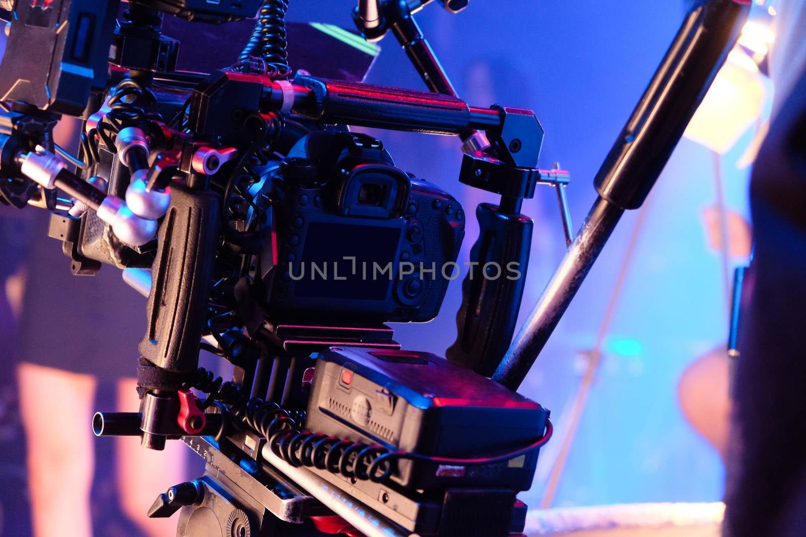 Film industry. Filming with professional camera background