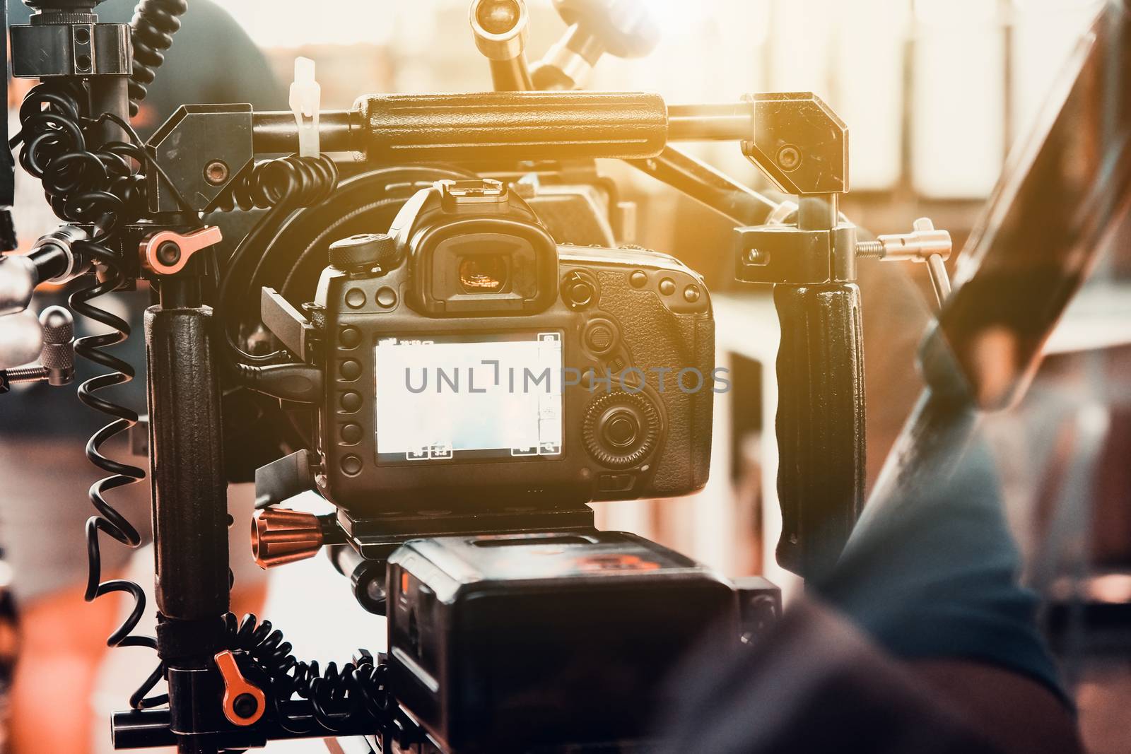 Film industry. Filming with professional camera background