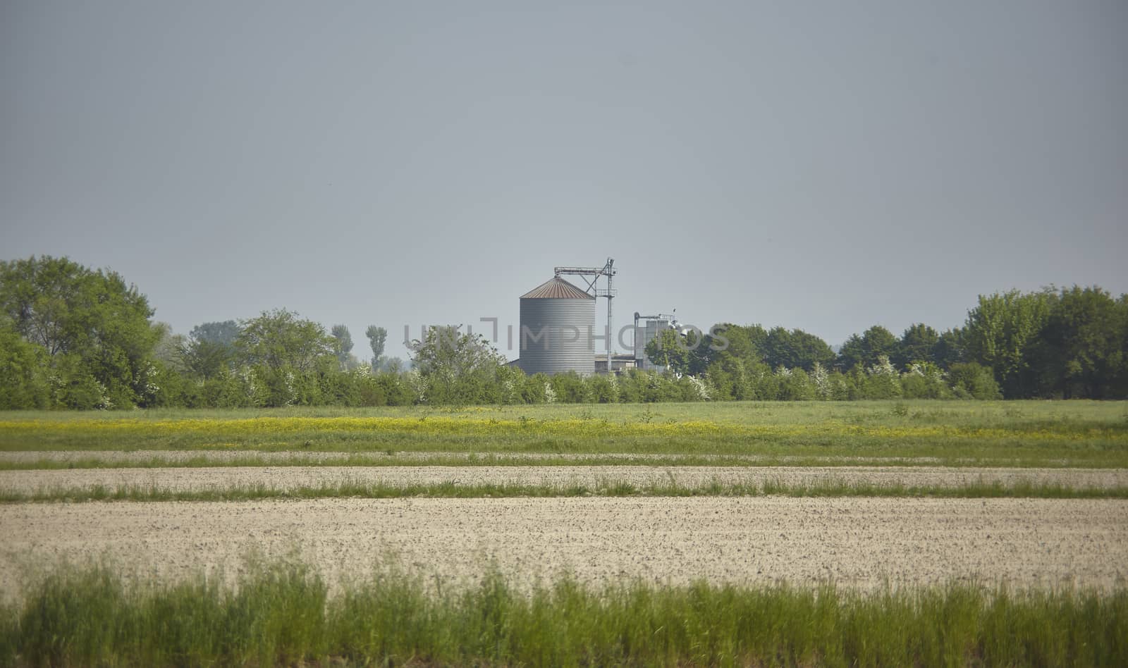 Cereal drying plant immersed in a rural landscape where the cereals are grown.