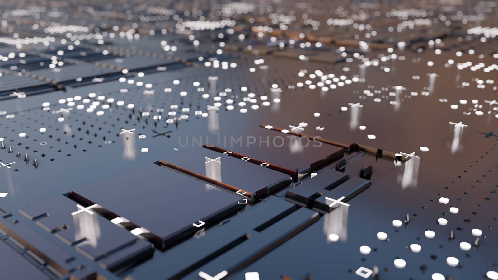 Abstract Central Computer Processors Concept. 3D illustration. Conceptual CPU on circuit board - PCB