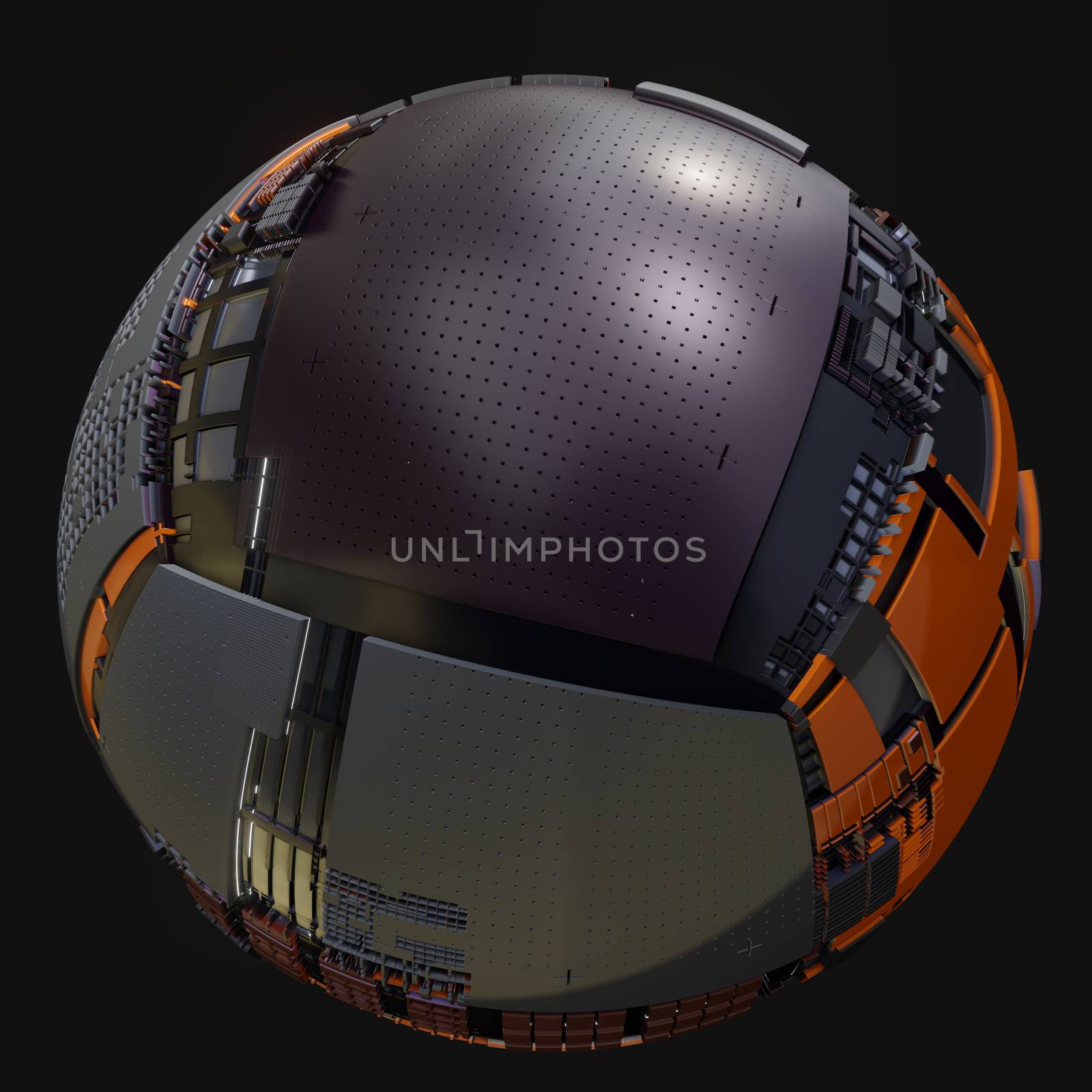 Abstract Hardsurface Sci-Fi Technology Sphere. Space Station Or Spaceship. 3D renderingor 3D illustration. Isolate on Drak background