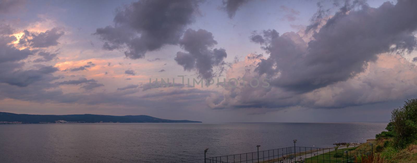 Nessebar, Bulgaria – 07.09.2019. Sunset over the Sunny Beach resort in Bulgaria. Panoramic view from the side of the island of Nessebar