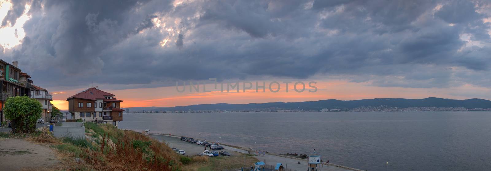 Nessebar, Bulgaria – 07.09.2019. Sunset over the Sunny Beach resort in Bulgaria. Panoramic view from the side of the island of Nessebar