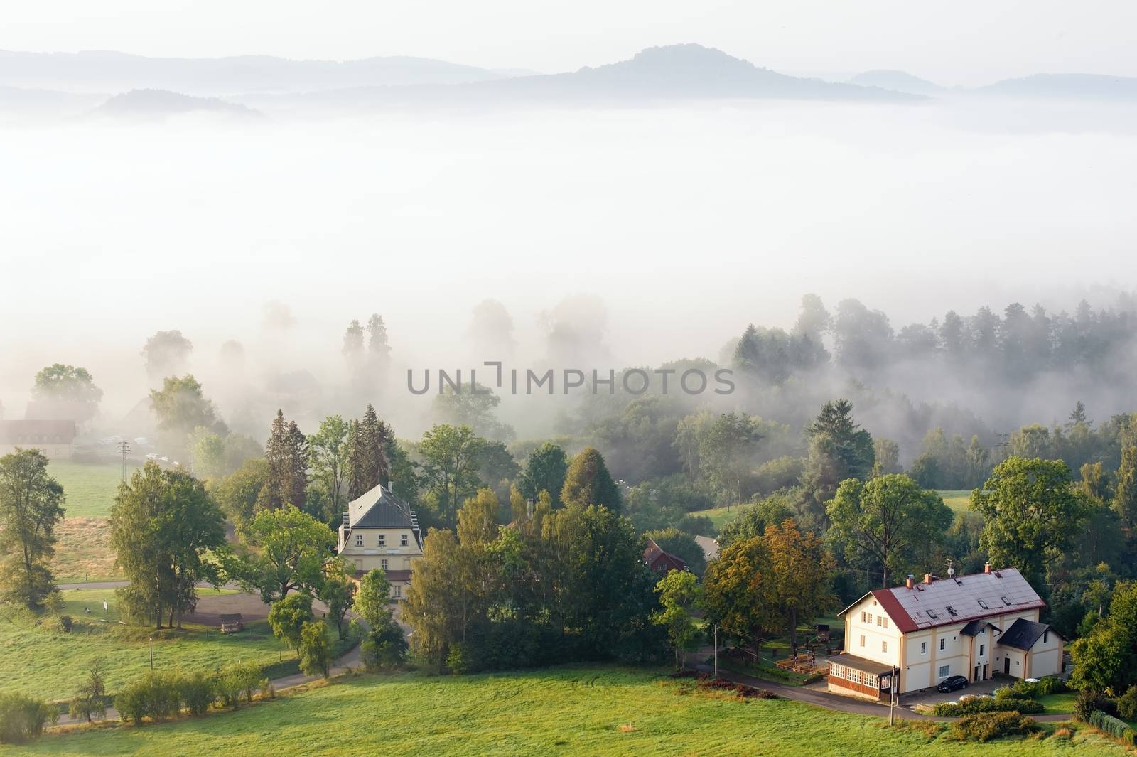 Beautiful foggy autumn landscape of czech switzerland