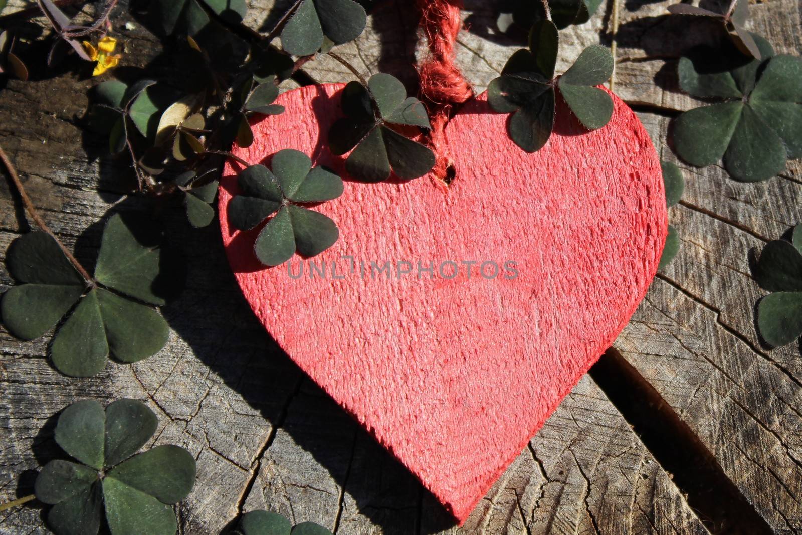 The picture shows a red heart on wooden ground