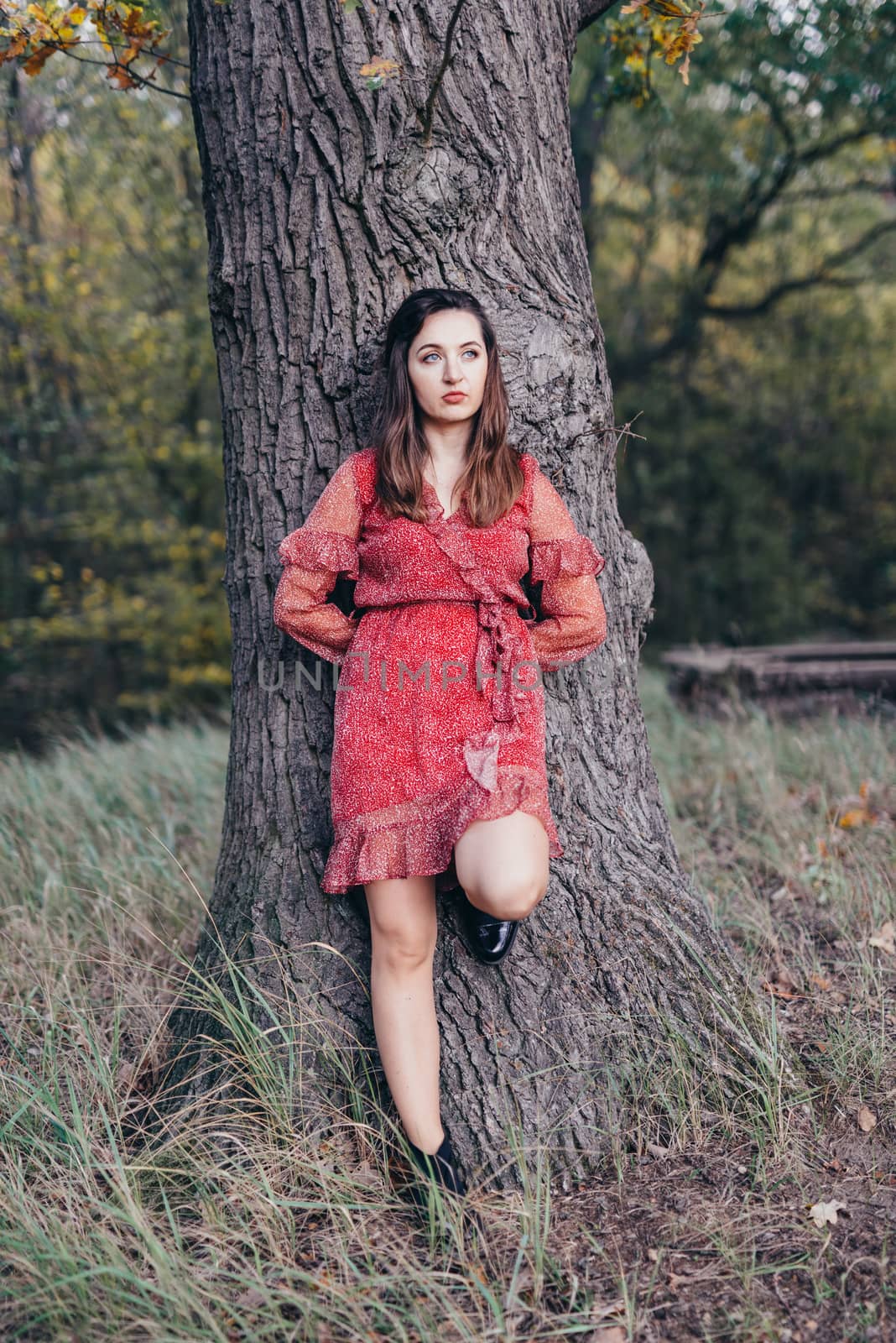 Woman standing next to a tree in park in golden autumn.