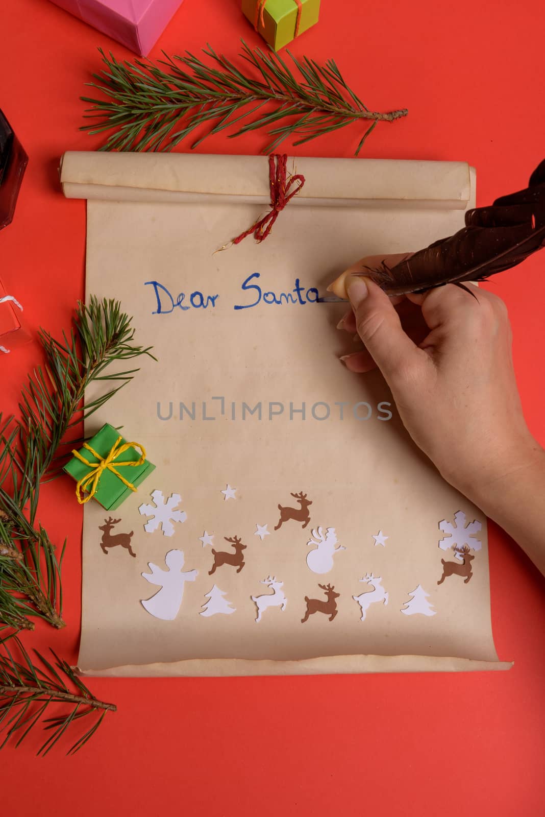 Empty letter for Santa Claus. Copy space. Red background