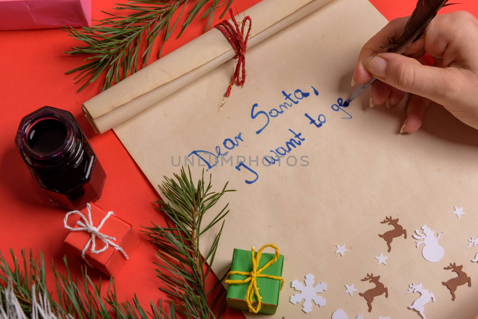 Empty letter for Santa Claus. Copy space. Red background
