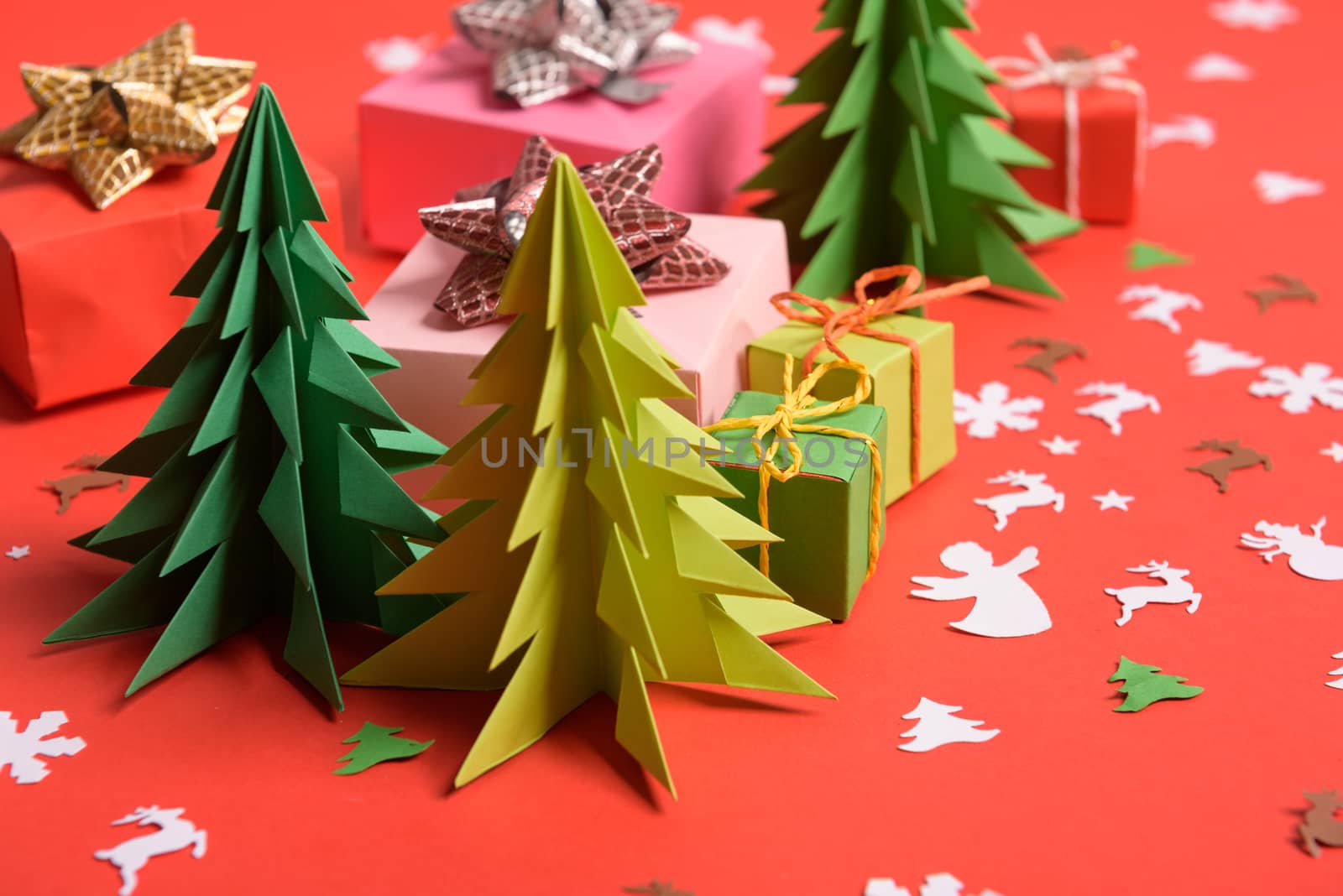 Christmas or New Year background, plain composition made of Xmas decorations and fir branches, flat lay, blank space for a greeting text.