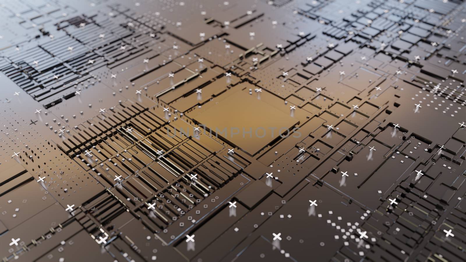 Abstract Central Computer Processors Concept. 3D illustration. Conceptual CPU on circuit board - PCB