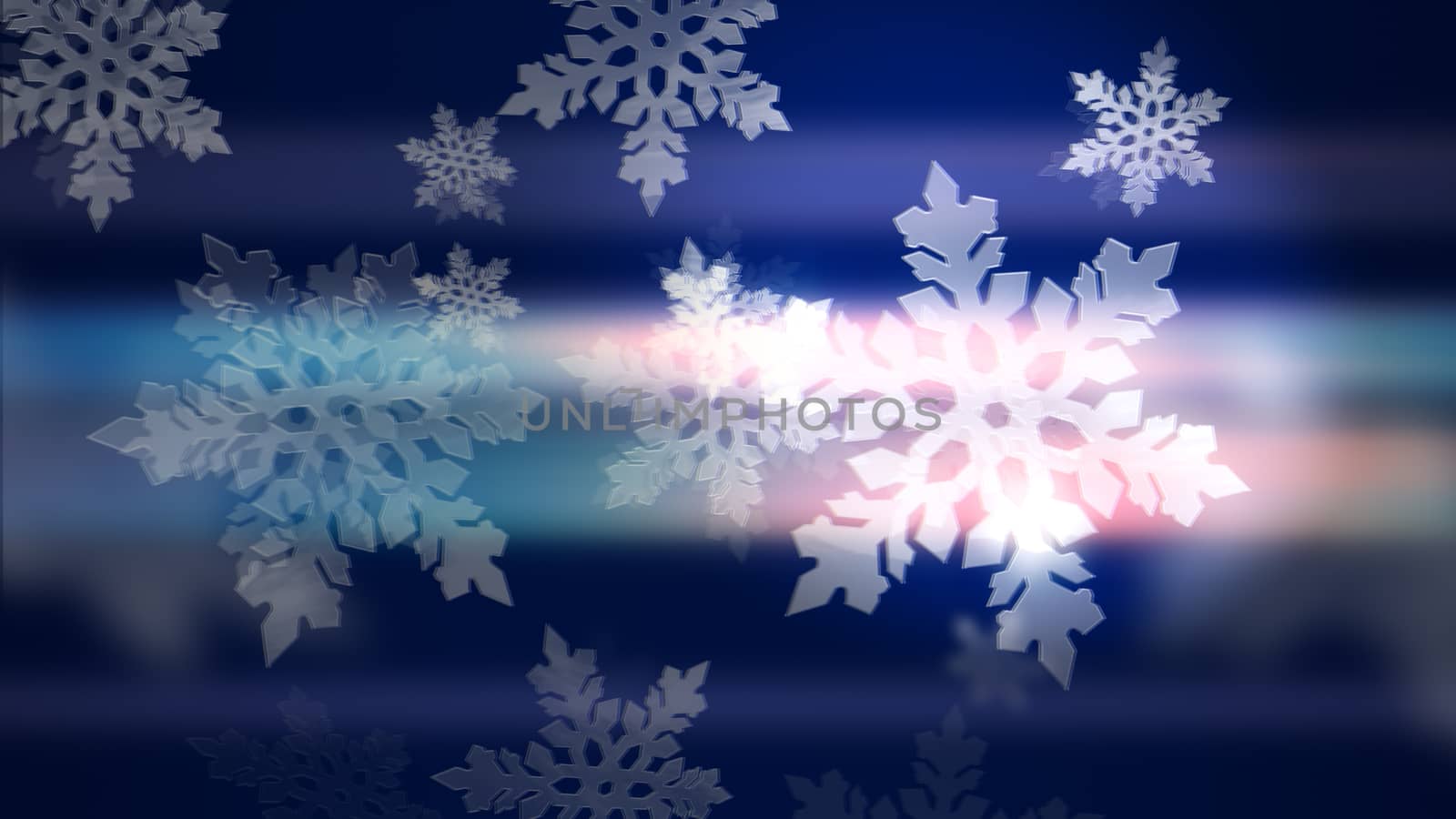 Happy New Year and Merry Christmas background. Gorgeous 3d illustration of glowing and glittering white snowflakes on the blue background. 