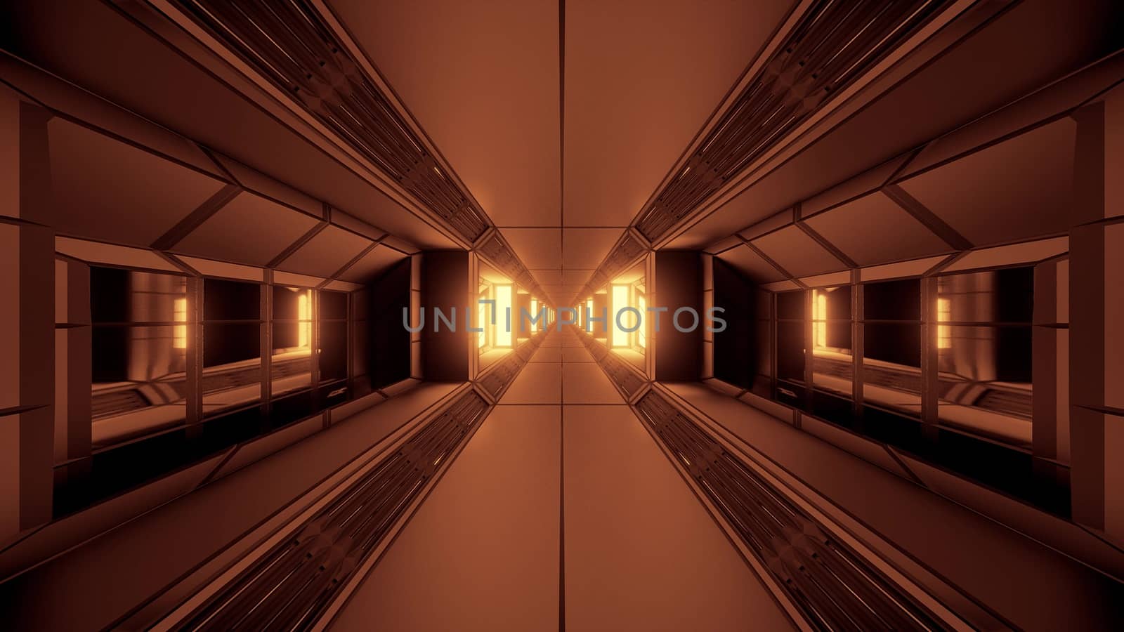 futuristic sci-fi space tunnel corridor with glowing lights and glass windows 3d illustration background wallpaper by tunnelmotions