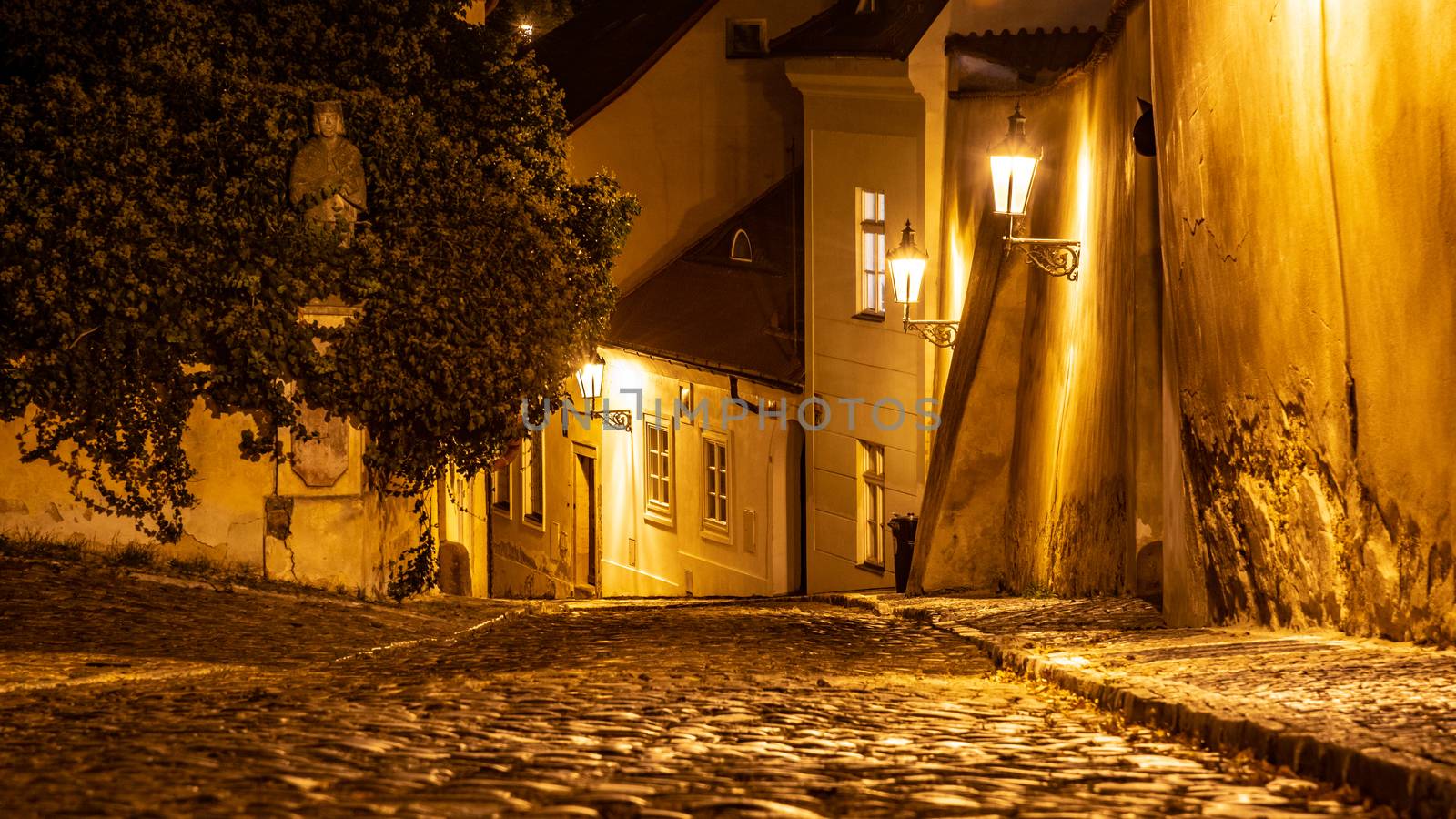 Narrow cobbled street in old medieval town with illuminated houses by vintage street lamps, Novy svet, Prague, Czech Republic. Night shot by pyty