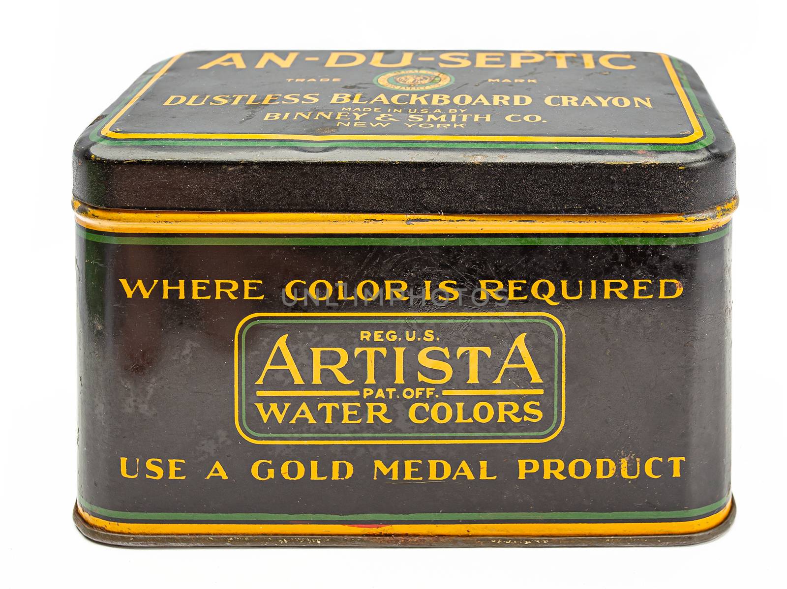 Isolated vintage metal black box of crayon
