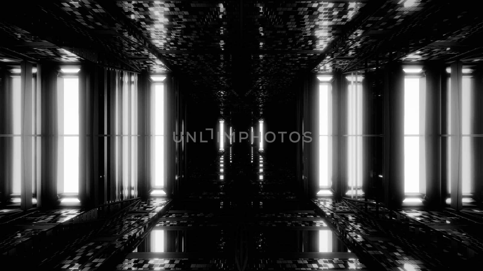 futuristic sci-fi space hangar tunnel corridor with reflective bricks texture 3d illustration background wallpaper, future scifi hangar 3d rendering design