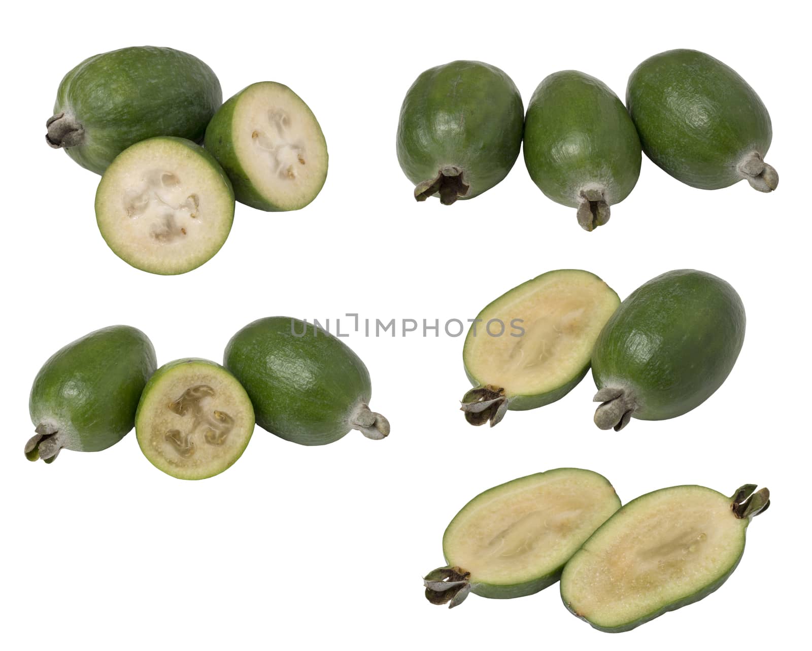 Set tropical fruit feijoa whole and cut in half, isolated on white background.
