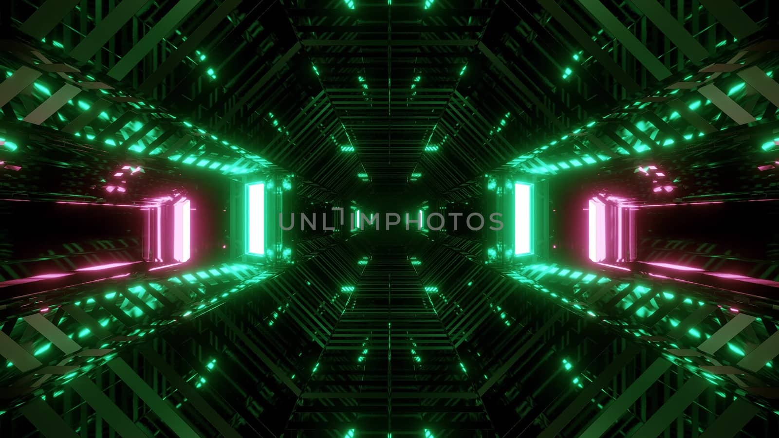 futuristic sci-fi space glass hangar tunnel corridor with wireframe 3d illustration background wallpaper, future scifi hangar 3d rendering design