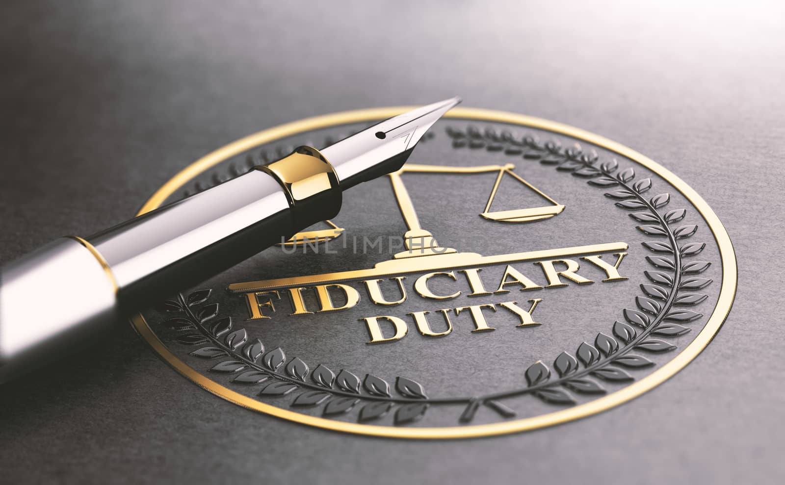 3D illustration of a fountain pen and a golden stamp where it is written the text fiduciary duty. Legal responsibilities concept.