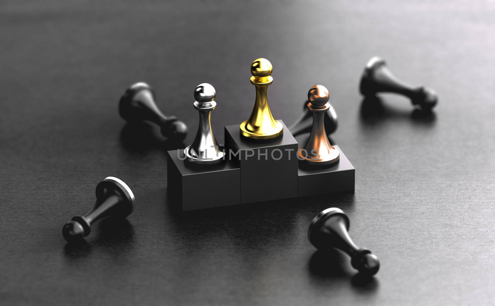 3D illustration of a podium with golden, silver ans bronze pawns over black background. Concept of contest or competition winners.