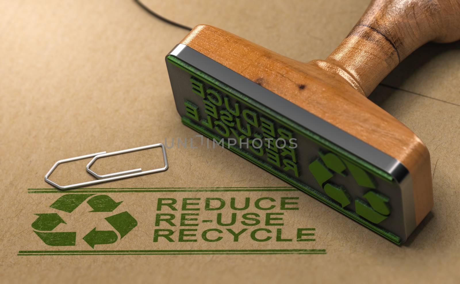 3D illustration of a rubber stamp with the text reduce, re-use and recycle printed on kraft paper. Reducing waste footprint concept.