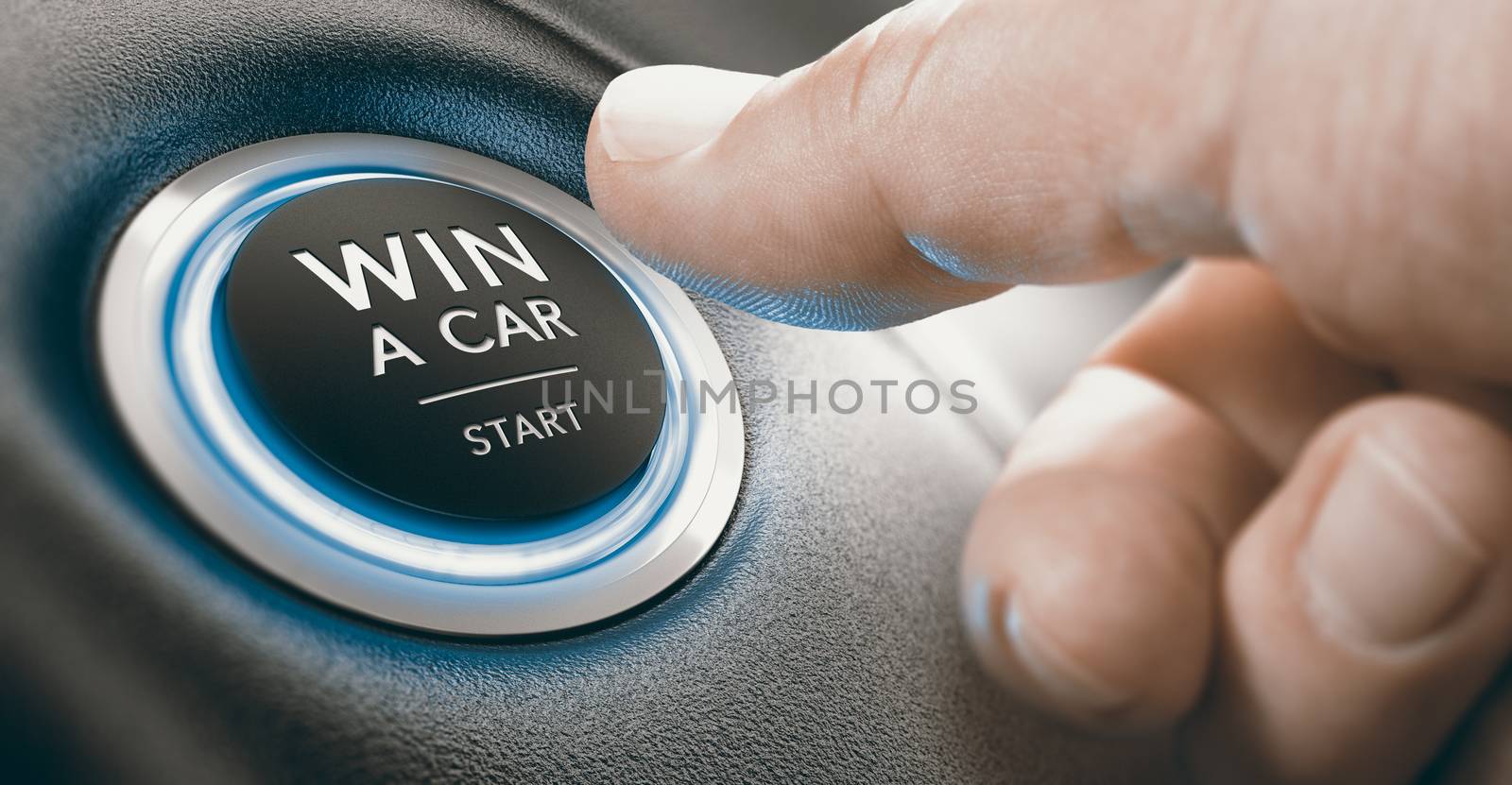 Finger pushing a conceptual Ignition button. Win a Car Contest Concept. Composite image between a hand photography and a 3D background.