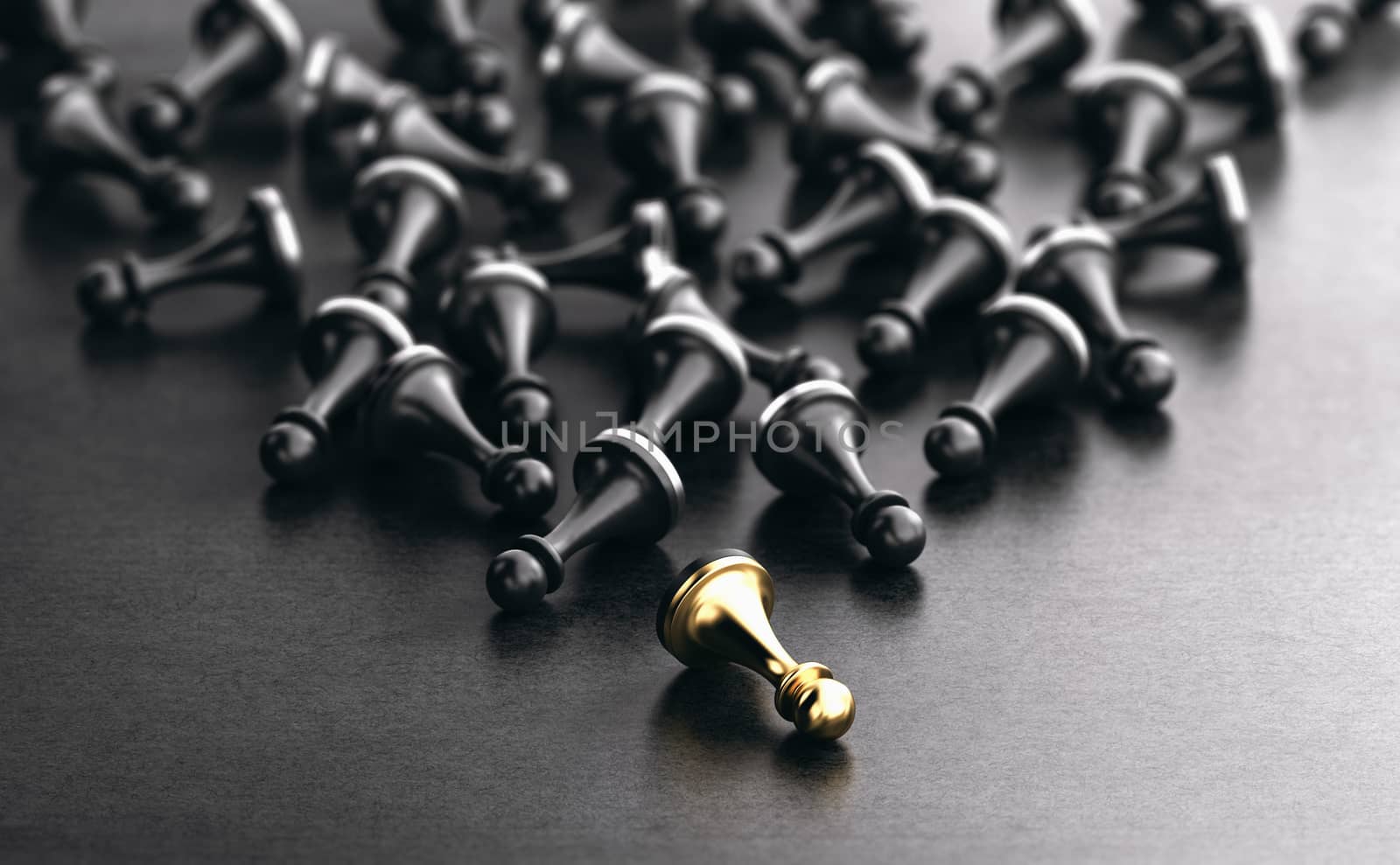 3D illustration of fallen pawns over black background. Concept of key person disability and chain reaction.