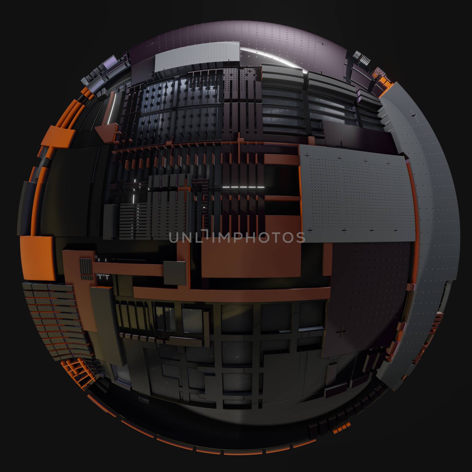 Abstract Hardsurface Sci-Fi Technology Sphere. Space Station Or Spaceship. 3D renderingor 3D illustration. Isolate on Drak background