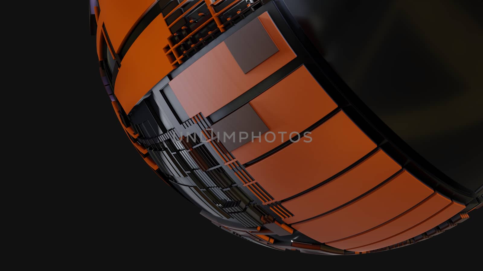 Abstract Hardsurface Sci-Fi Technology Sphere. Space Station Or Spaceship. 3D renderingor 3D illustration. Drak background