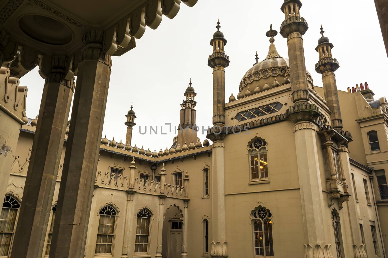 Historic Royal pavillion in Brighton, England. The Royal Pavilion, also known as the Brighton Pavilion, is a former royal residence located in Brighton, England.