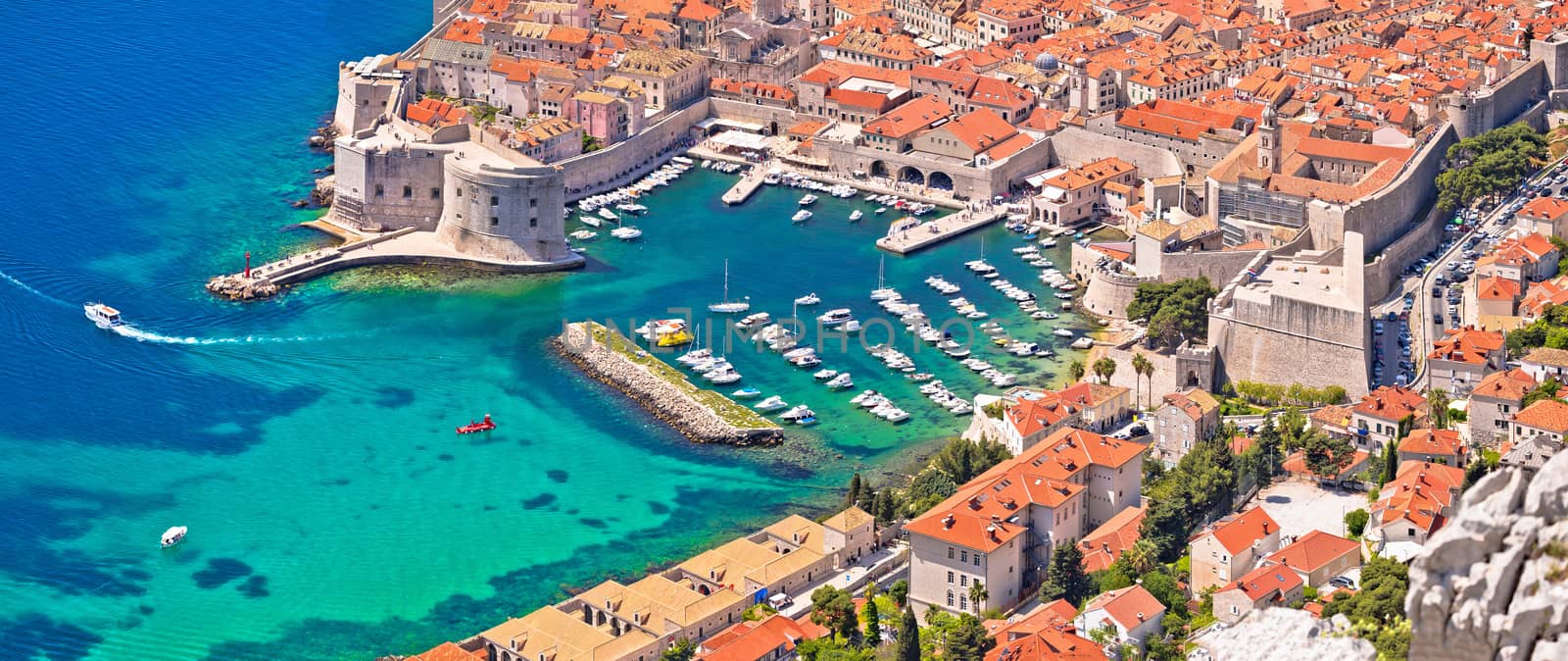 Dubrovnik. Aerial panoramic view of Dubrovnik harbor, colorful famous tourist destination in Dalmatia region of Croatia