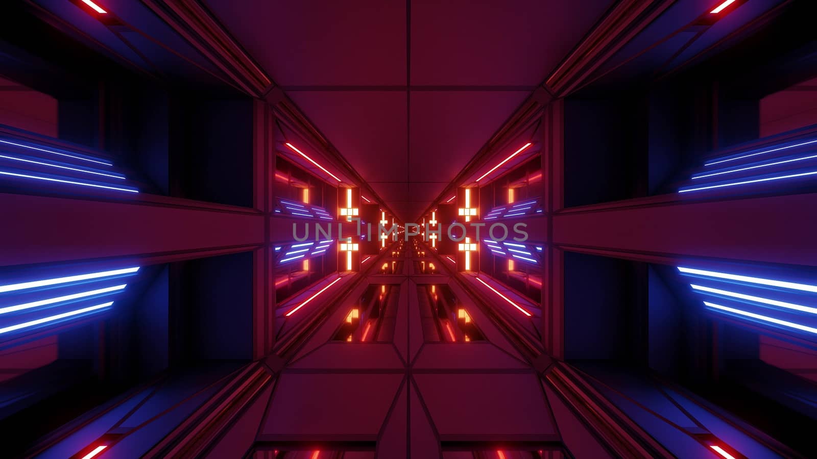 futuristic scifi space hangar tunnel corridor 3d illustration with holy christian cross background wallpaper, future sci-fi room 3d renderinng design