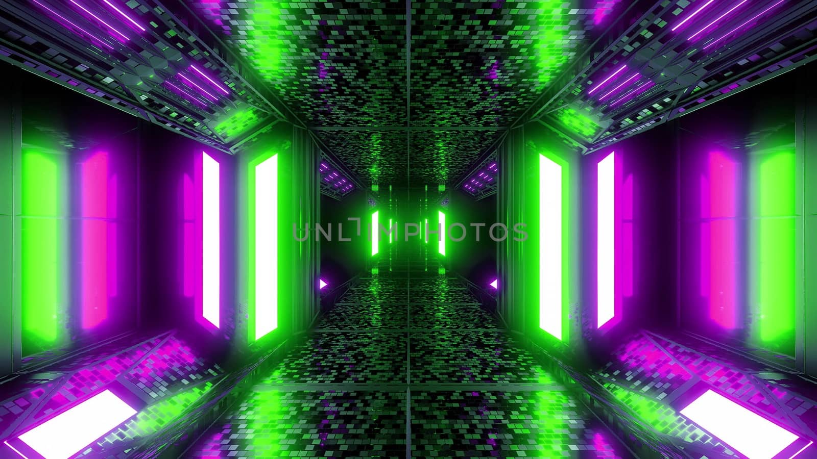 futuristic scifi space hangar tunnel corridor 3d illustration with bricks texture and glowing ´lights background wallpaper, future sci-fi room 3d renderinng design