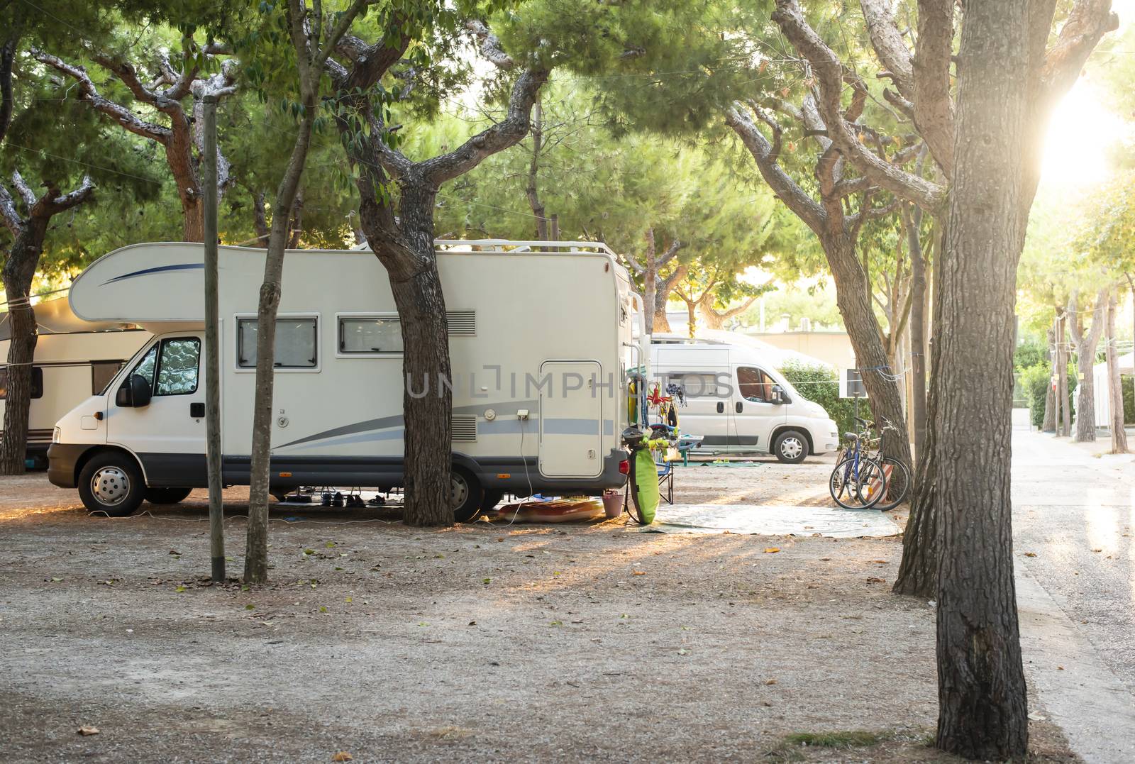 White camper on campsite. Sun Rays in the morning through the trees. Many bikes and caravans in camping.