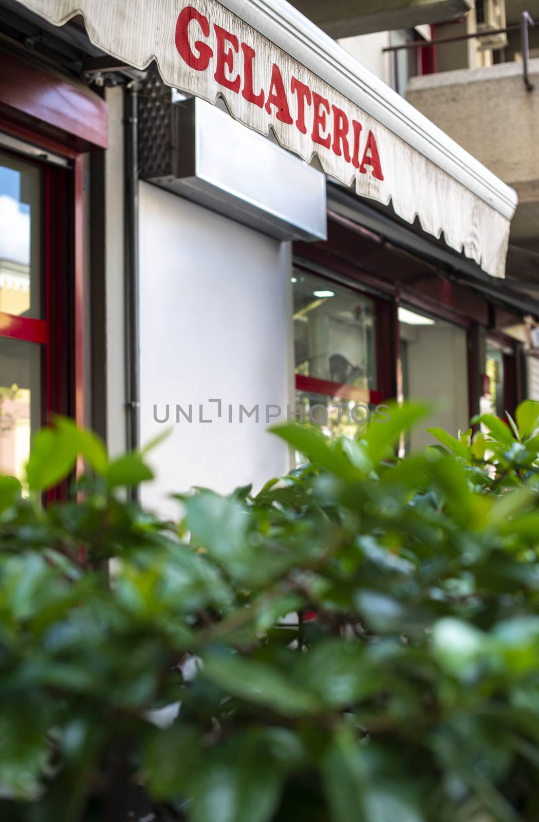 Text gelateria on sunblind. Italian ice cream. Facade on ice cream shop. Green foliage in front of cafe and ice cream shop.