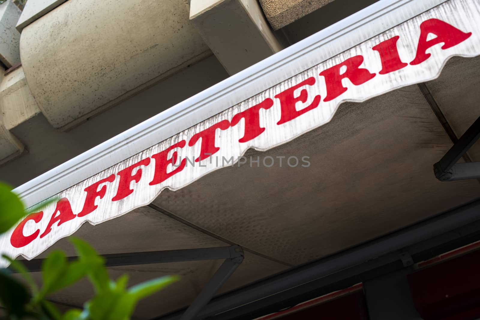 Text caffetteria on sunblind. Italian coffee shop. Facade on cof by deyan_georgiev