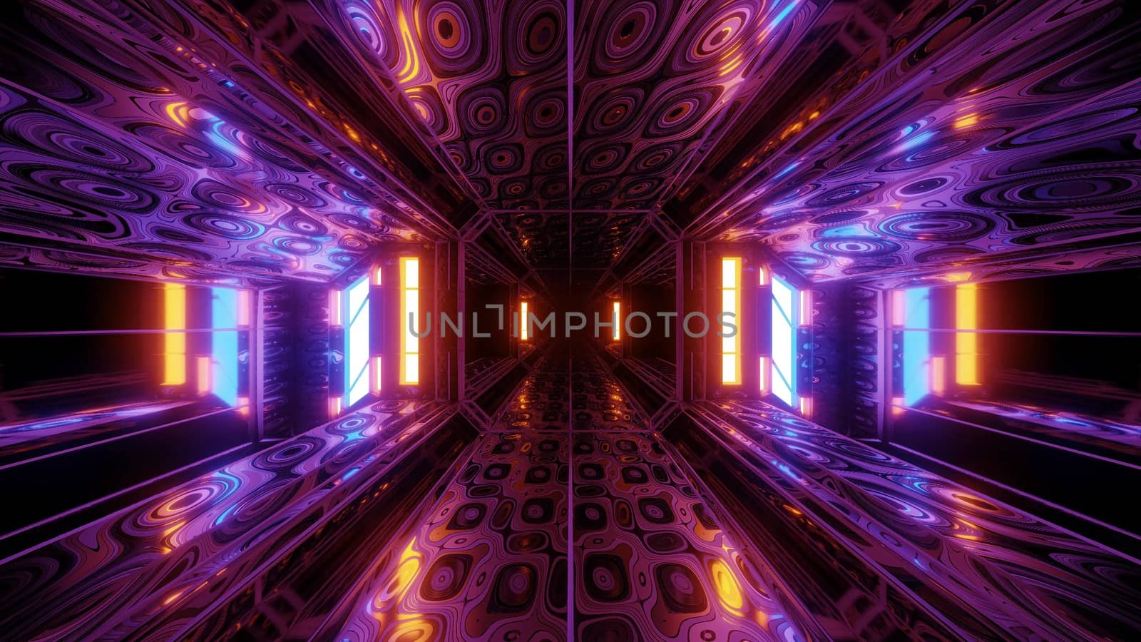 futuristic scifi space hangar tunnel corridor 3d illustration with abstract eye texture background wallpaper, future sci-fi room 3d renderinng design