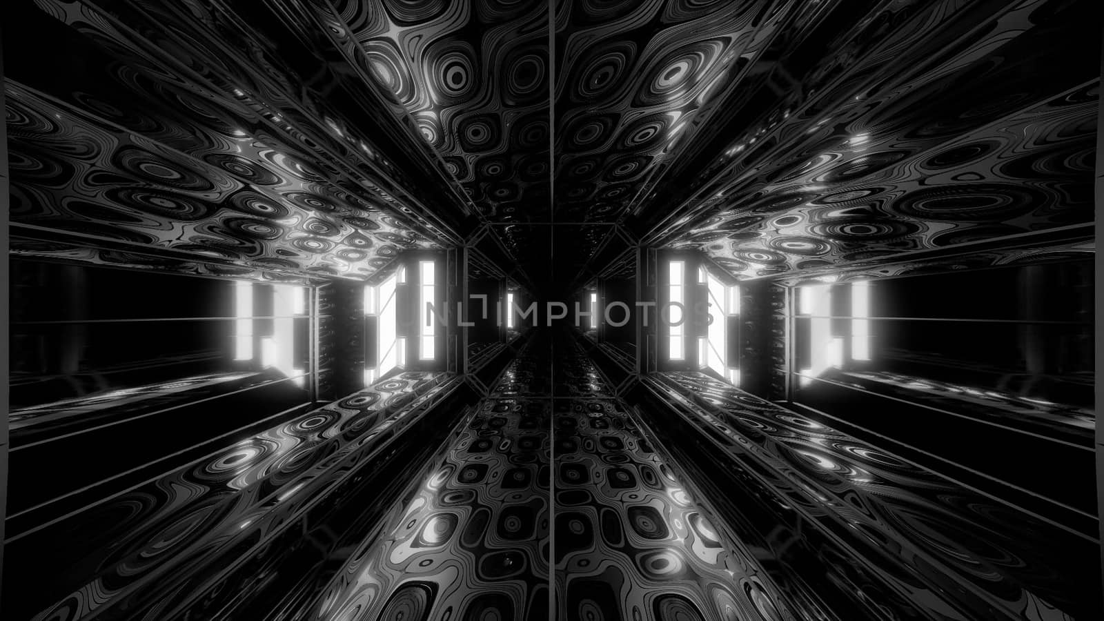 futuristic scifi space hangar tunnel corridor 3d illustration with abstract eye texture background wallpaper, future sci-fi room 3d renderinng design