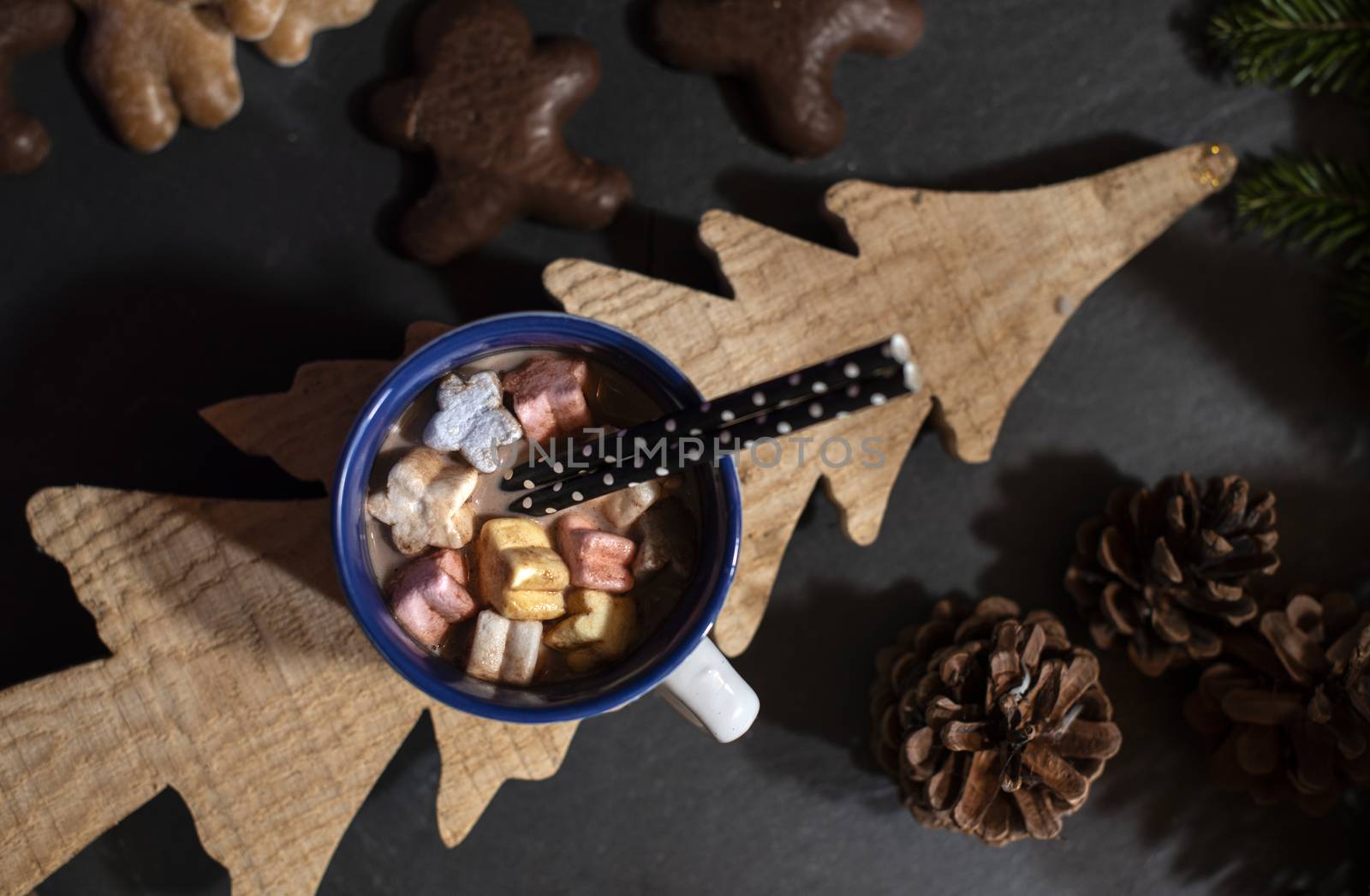 Marshmallow and milk on christmas table. Tree shape