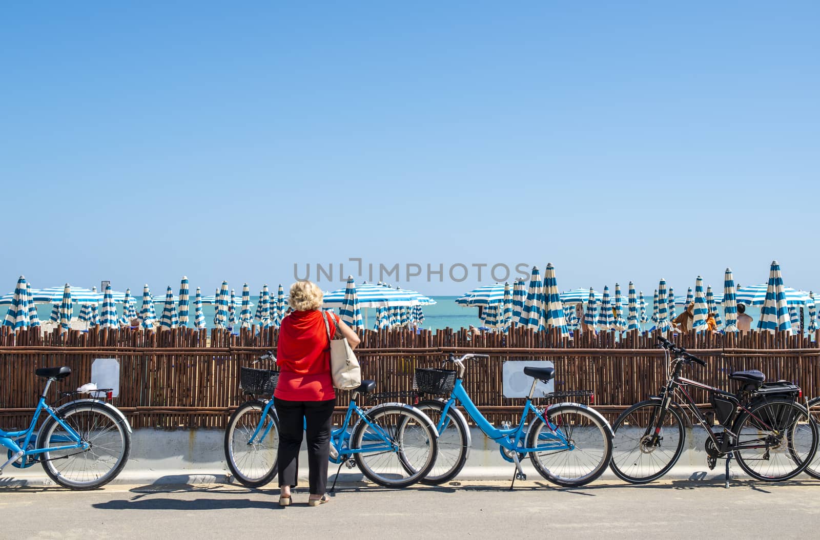 Rental bikes on the beach. Blue bicycles on the street.  by deyan_georgiev