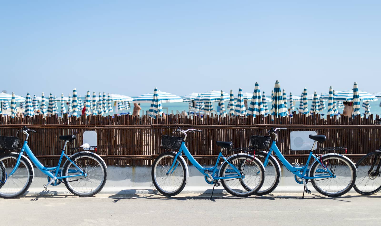 Rental bikes on the beach. Blue bicycles on the street. Many beach umbrellas.