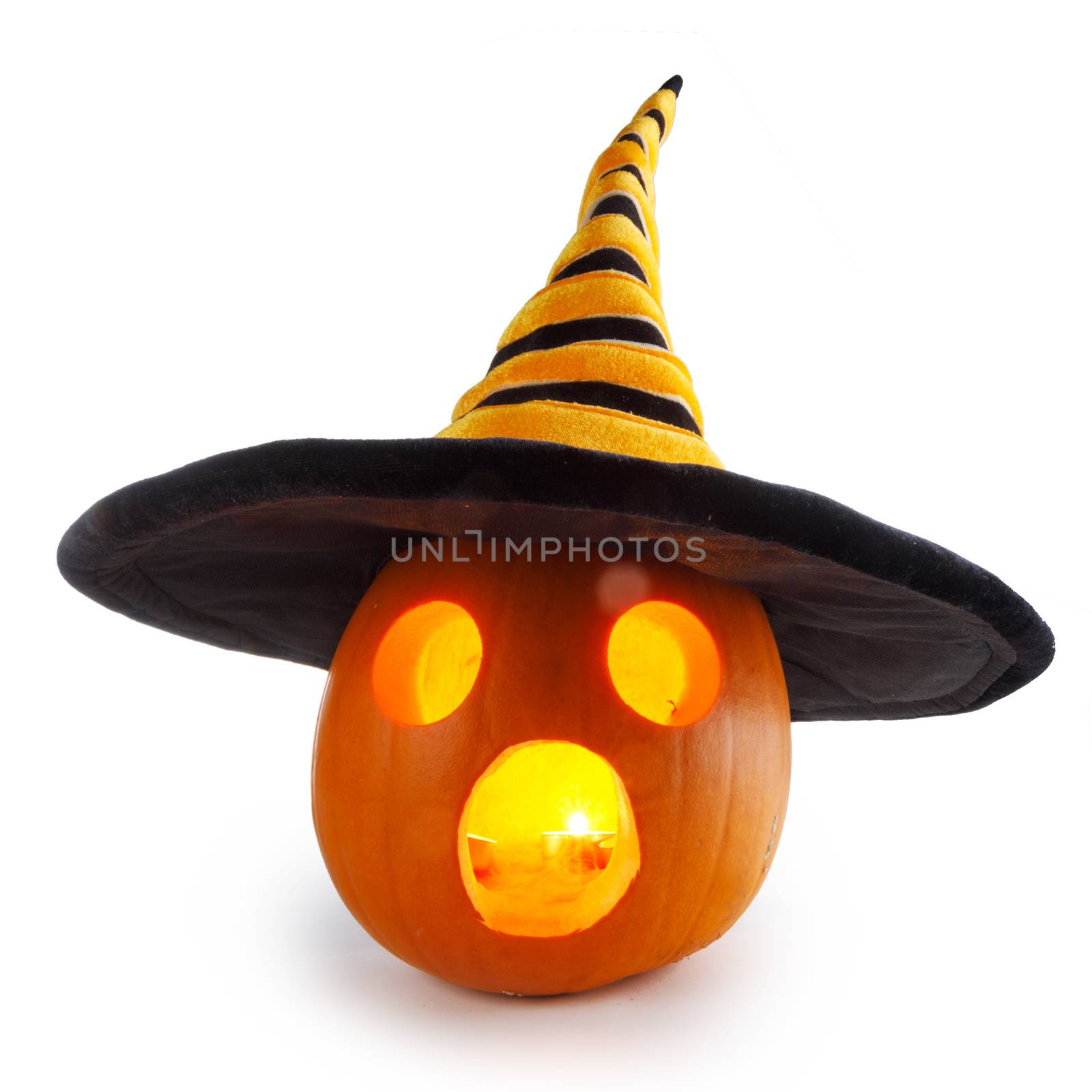 Shocked glowing halloween pumpkin with witches hat isolated on white background