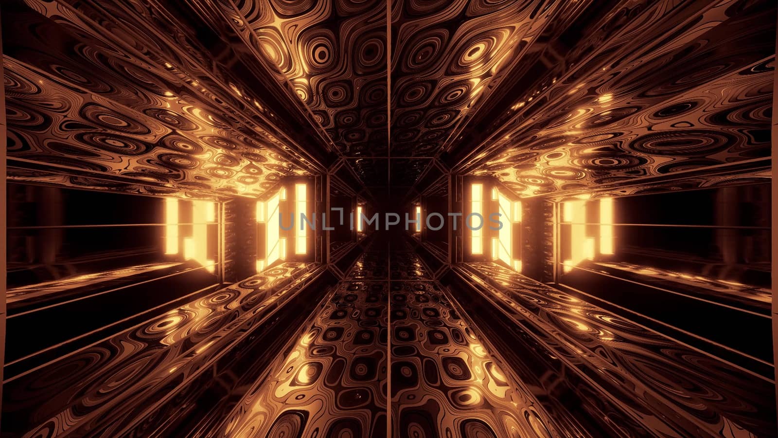 futuristic scifi space hangar tunnel corridor 3d illustration with abstract eye texture background wallpaper, future sci-fi room 3d renderinng design