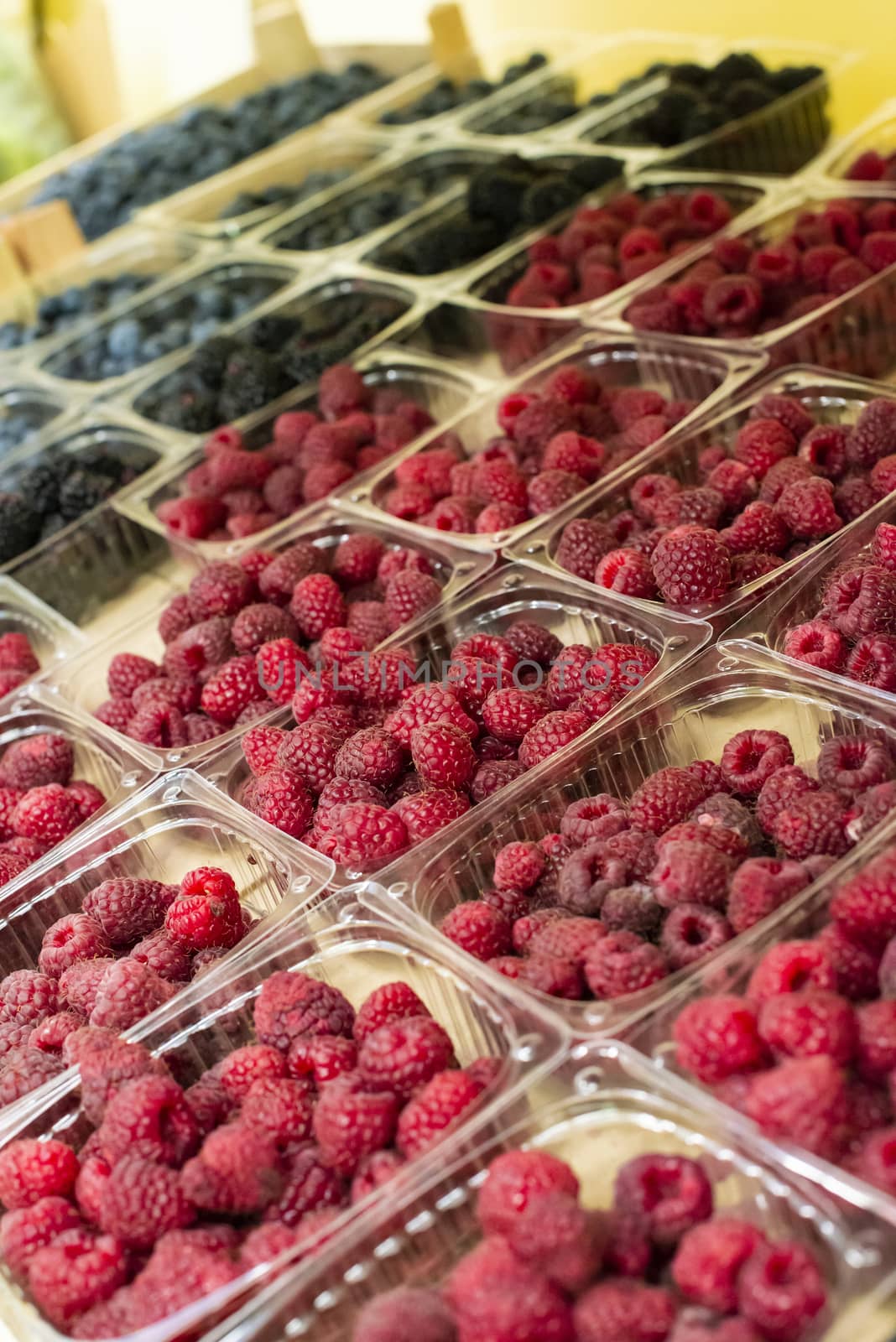 Raspberries and blueberries on shelf in the market. Sorted fruits in transparent plastic boxes.