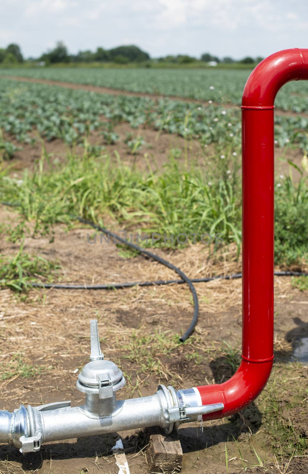Water pump and pipes on farmland.  by deyan_georgiev