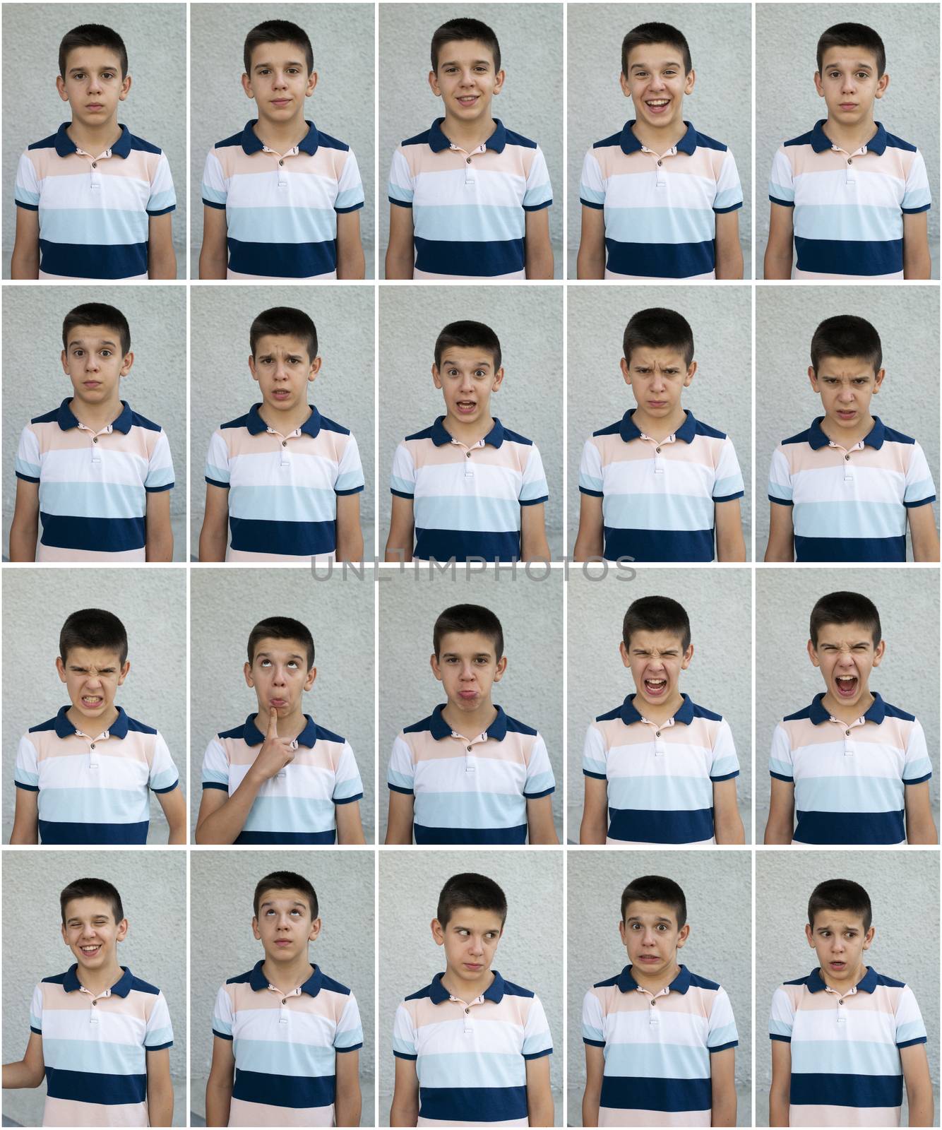 Child faces. Many faces showing emotions and expressions. Teenager face countenance. 