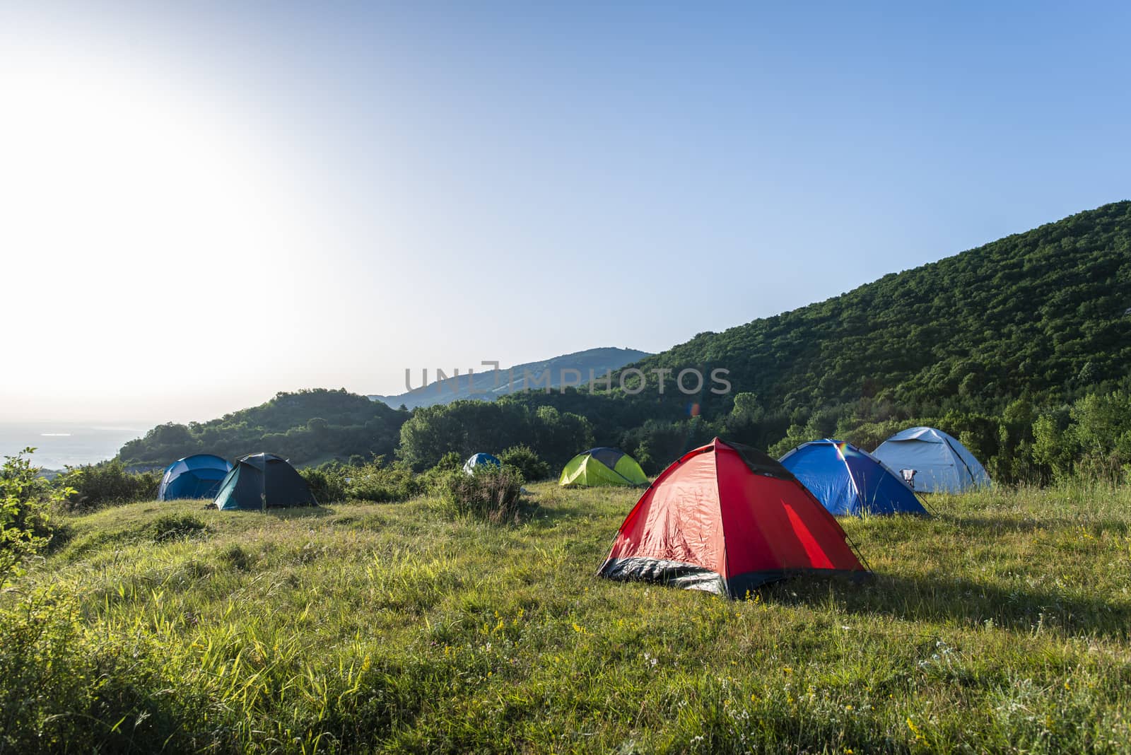 Many tents in the mountain. Sunshine morning in the forest. by deyan_georgiev